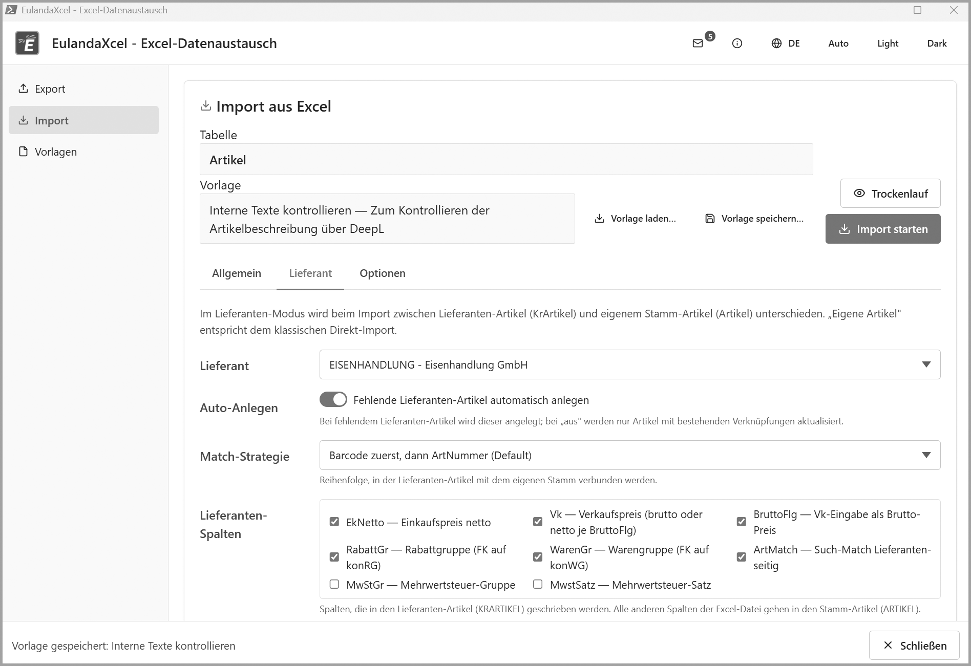 Import-Reiter mit Lieferanten-Sub-Tab — links die drei Reiter Export, Import und Vorlagen