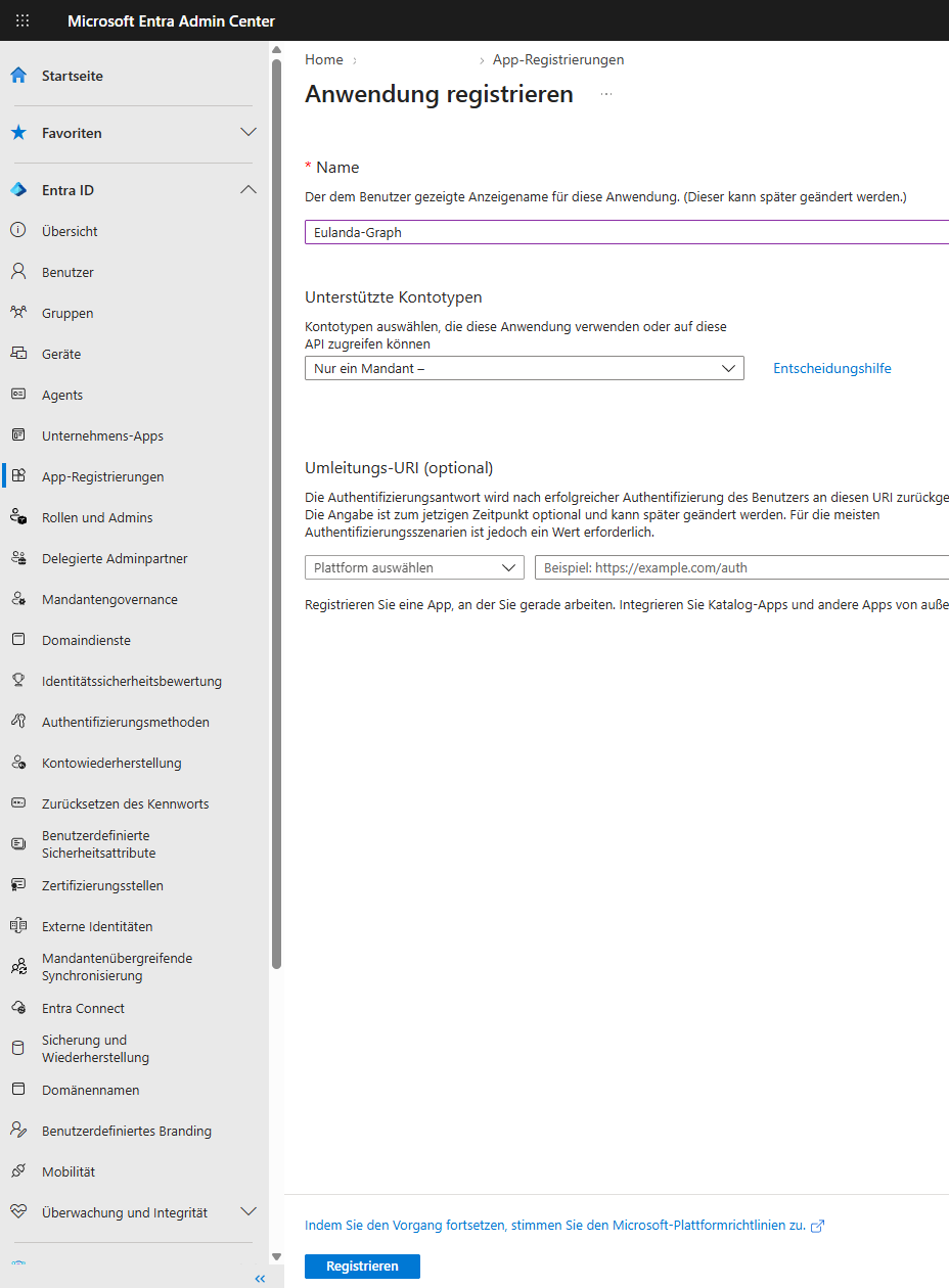 Formular „Anwendung registrieren"