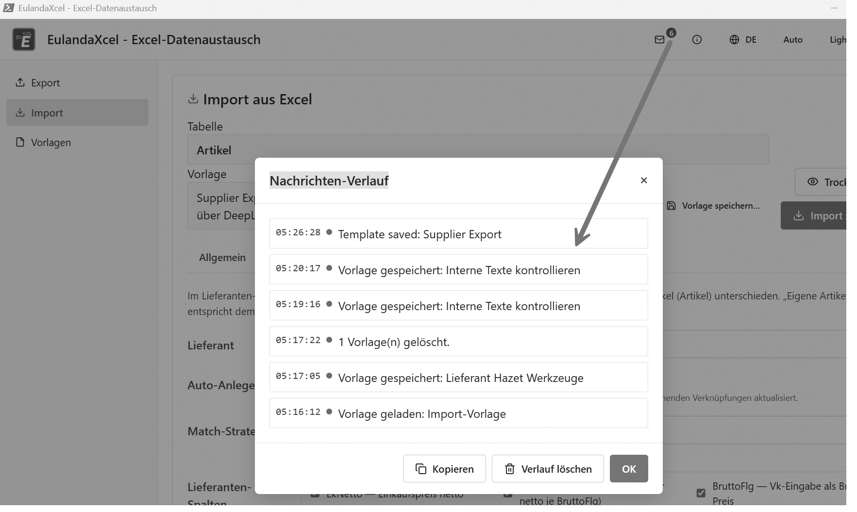 Nachrichten-Verlauf mit gesammelten Toast-Meldungen der aktuellen Sitzung