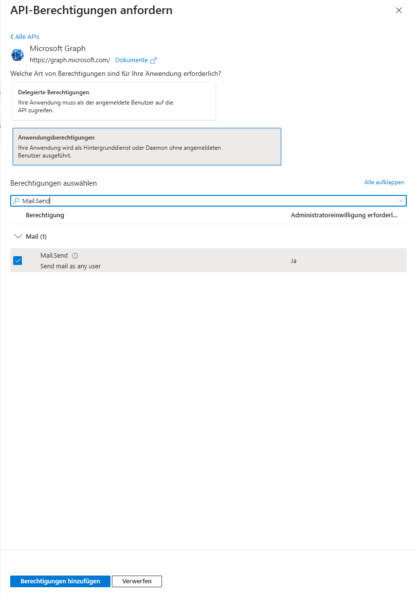 Anwendungsberechtigung Mail.Send auswählen