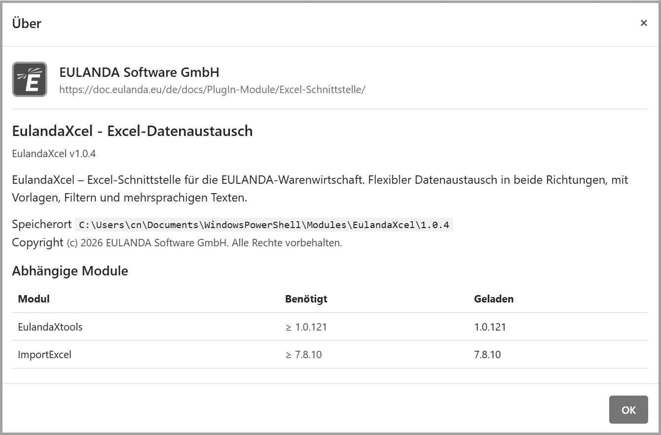 Über-Dialog mit Modul-Informationen, Speicherort und abhängigen Modulen