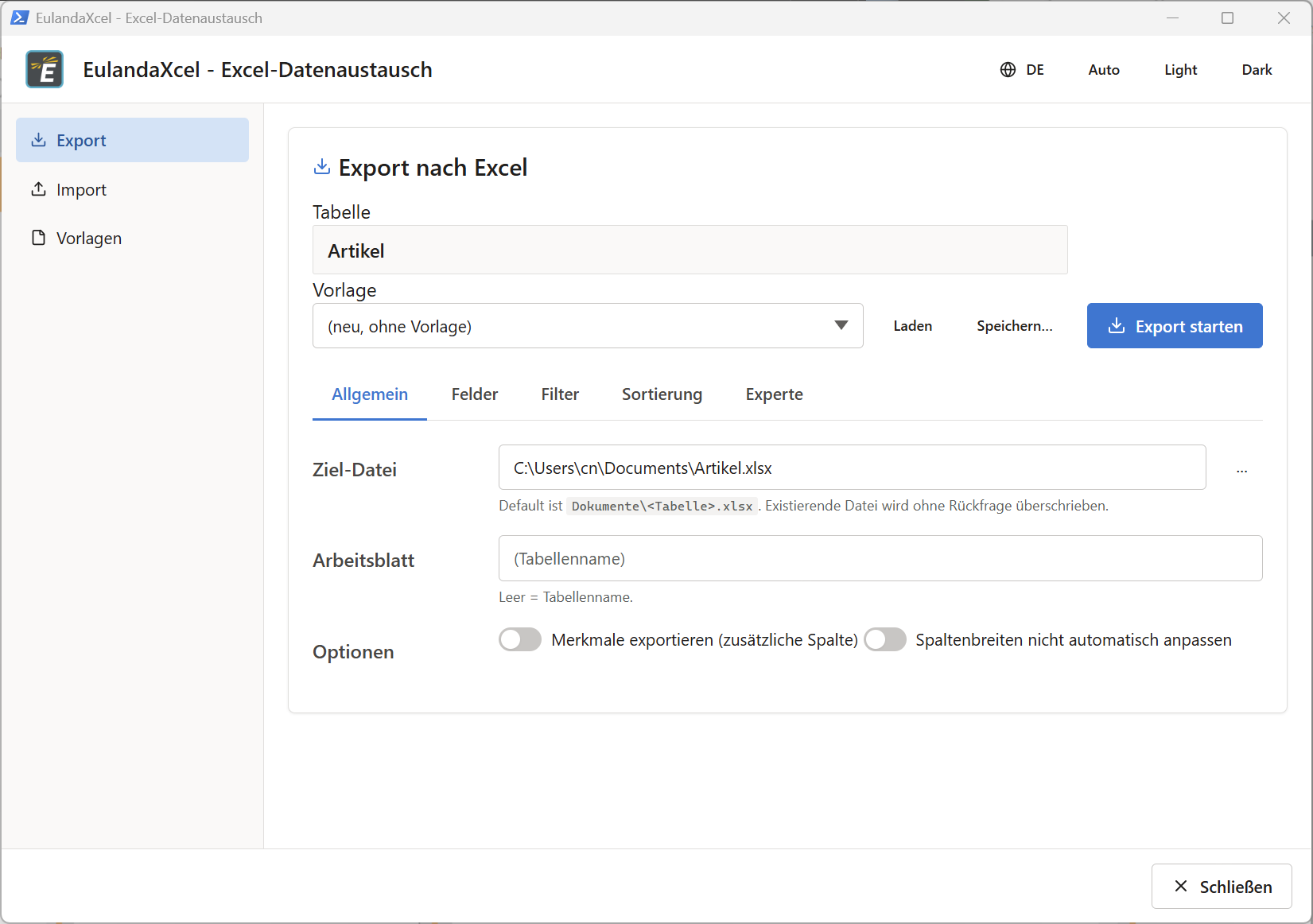 Excel-Schnittstelle – Dialog mit den drei Reitern Export, Import und Vorlagen